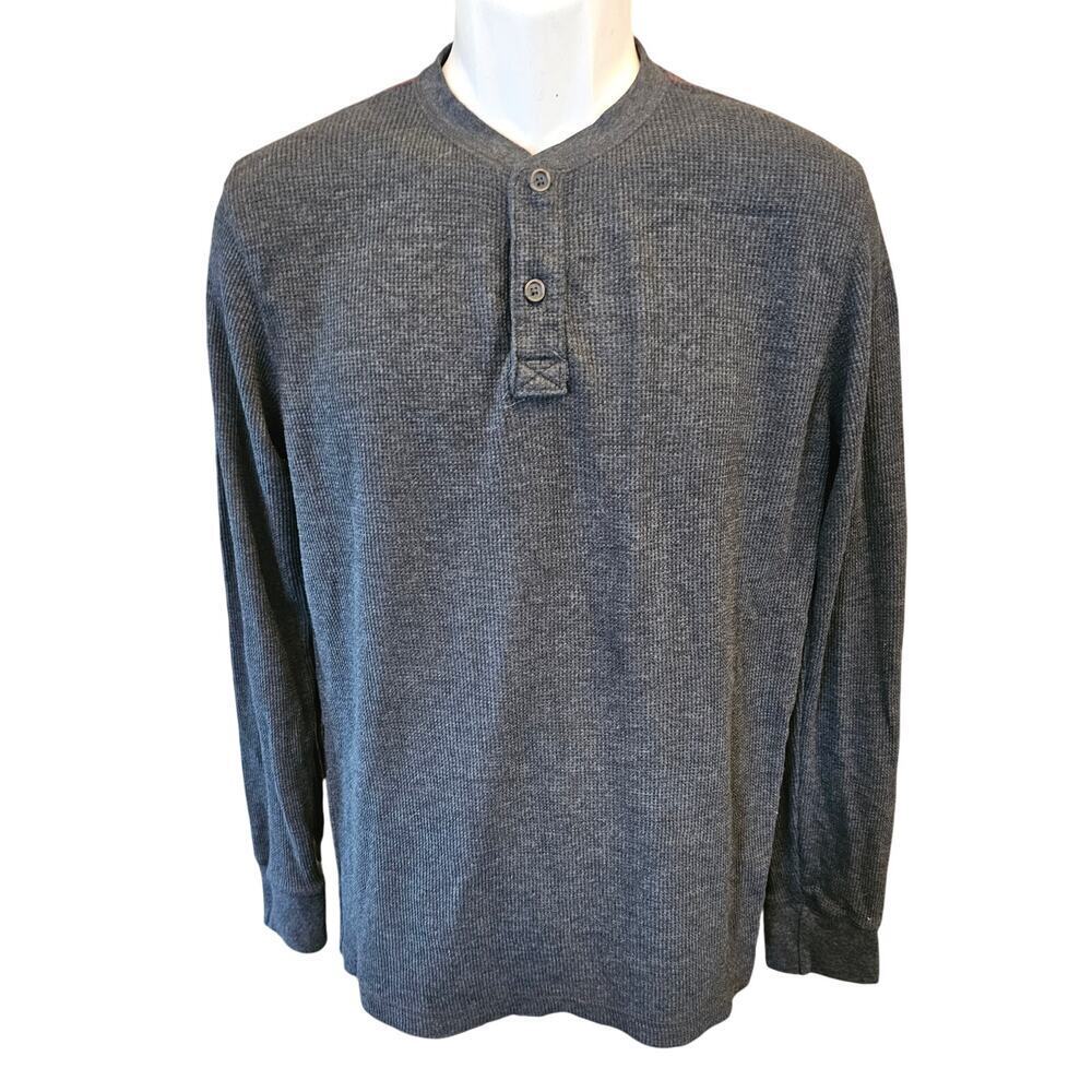 G.H. Bass & Co Mens Thermal 3 Button Henley Shirt M Waffle Knit Gray minimalist